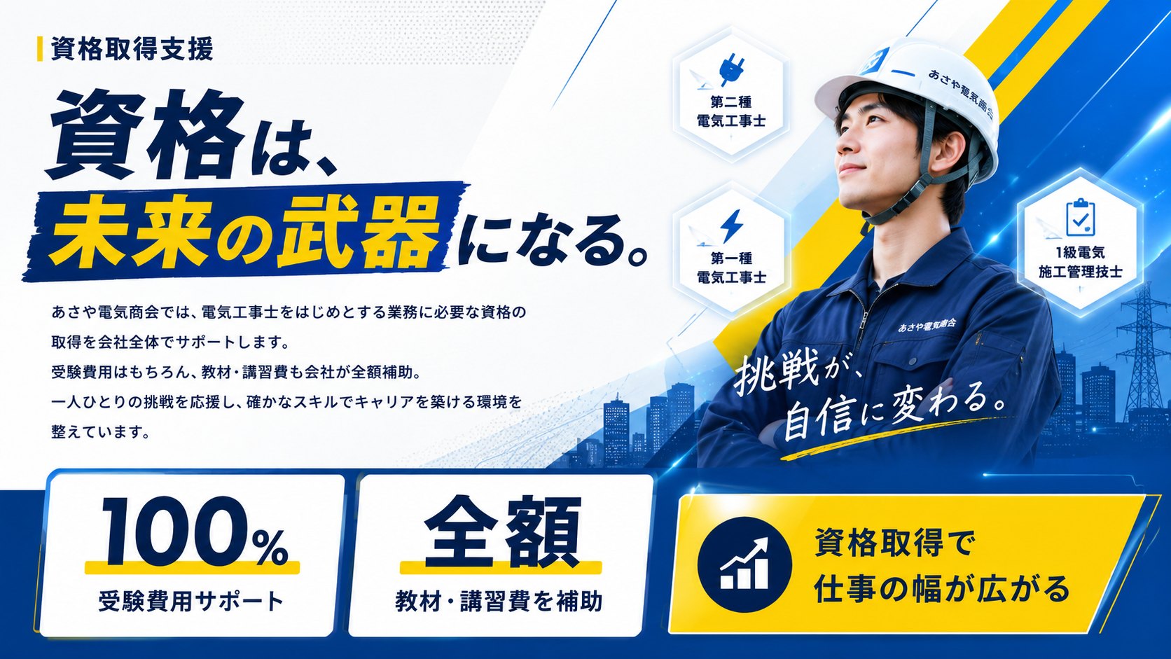 資格取得支援 — 資格は、未来の武器になる。受験費用100%サポート／教材・講習費を全額補助／資格取得で仕事の幅が広がる